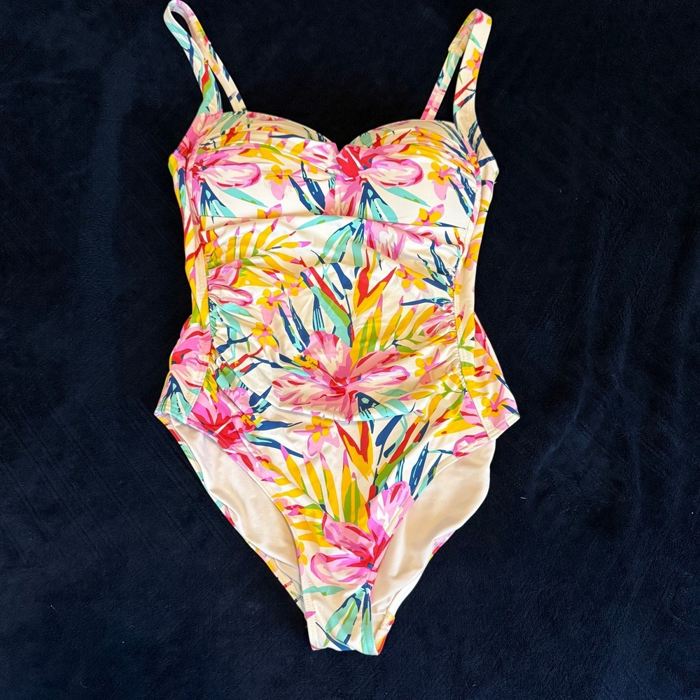 Niptuck Swim Tropical Floral Ruched One Piece Swimsuit Multi Fit Cup Size 10